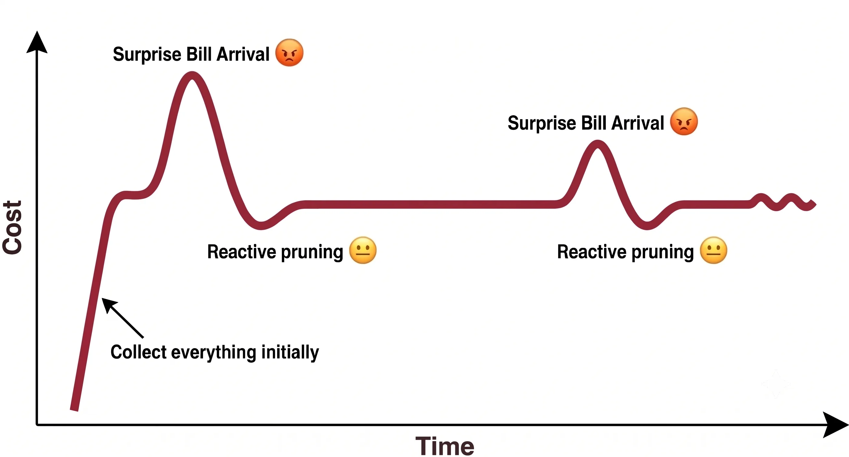 The Pain Cycle chart: cost over time showing two cycles of bill shock followed by reactive pruning